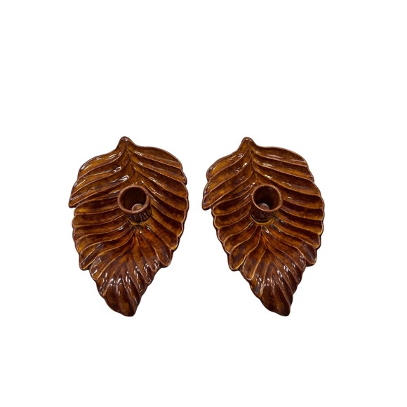 Pair of Brown Leaf Candlestick Holders Pattern 466 Made in USA - Picture 1 of 4